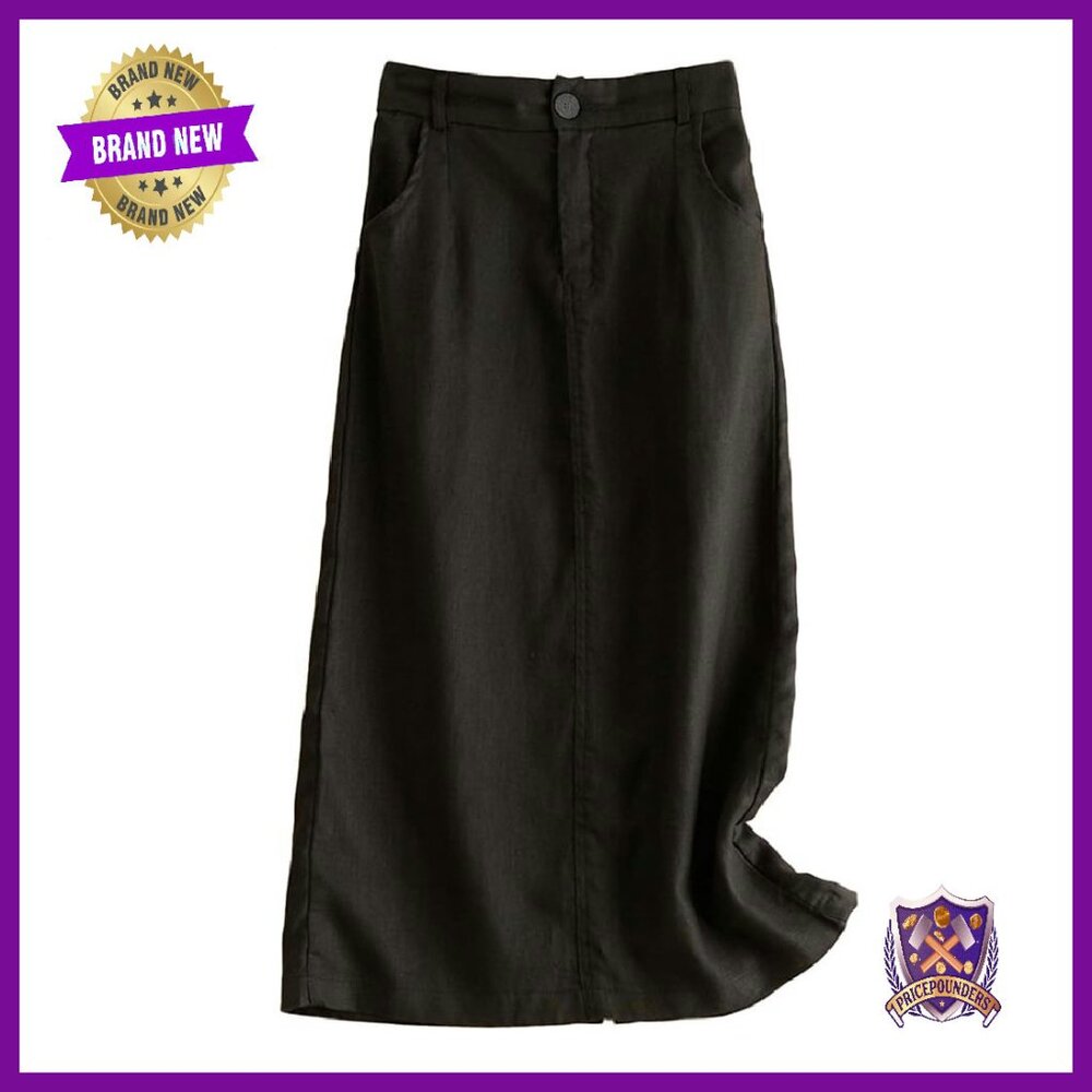 Cotton Linen Midi Skirt With Pockets, Elastic Waist, Back Slit